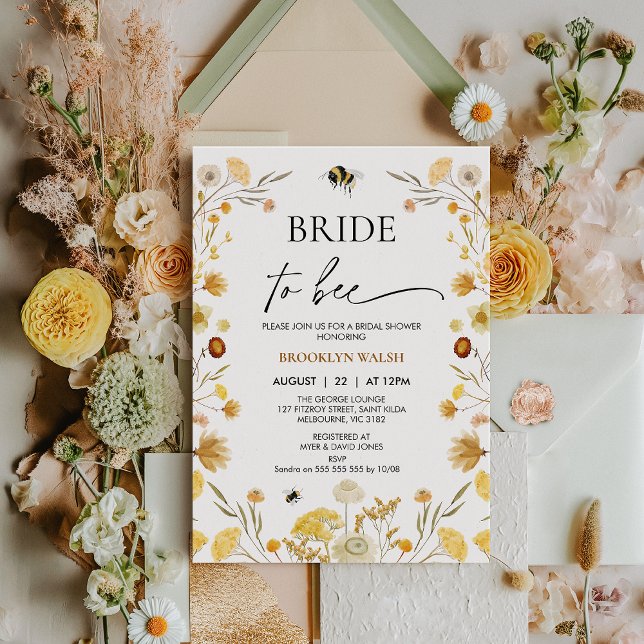 Modern Gult-andedräkt till bisMöhippa Inbjudningar (Yellow Wildflowers Bride To Be Bridal Shower Invitation Template, Bee Themed Bridal Shower Invite)