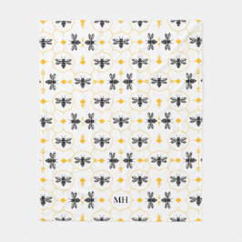 Modern Gult Bee Mönster Elegant Black Monogram Fleecefilt
