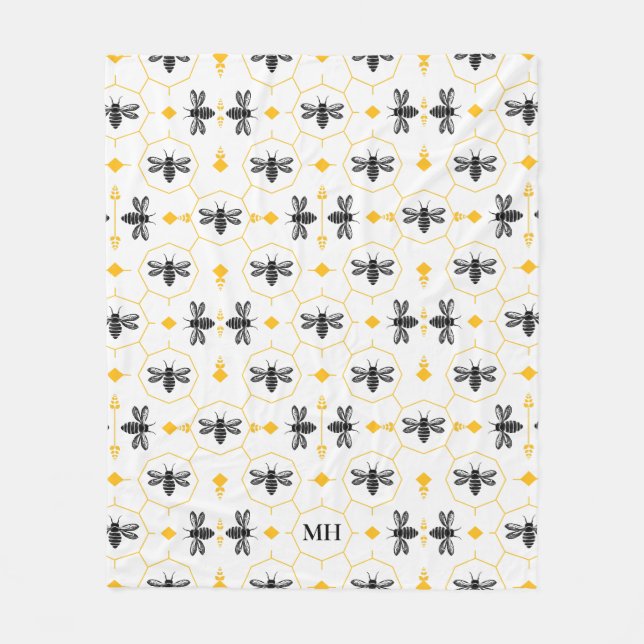 Modern Gult Bee Mönster Elegant Black Monogram Fleecefilt (Framsidan)