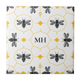 Modern Gult Bee Mönster Elegant Black Monogram Kakelplatta