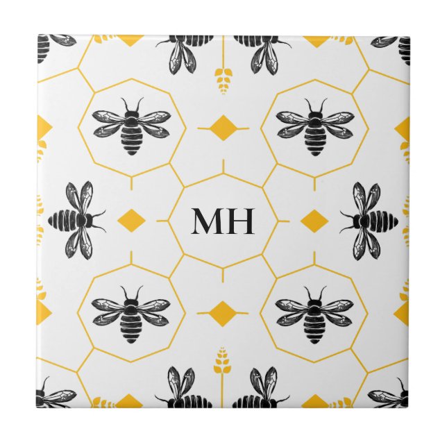 Modern Gult Bee Mönster Elegant Black Monogram Kakelplatta (Framsidan)