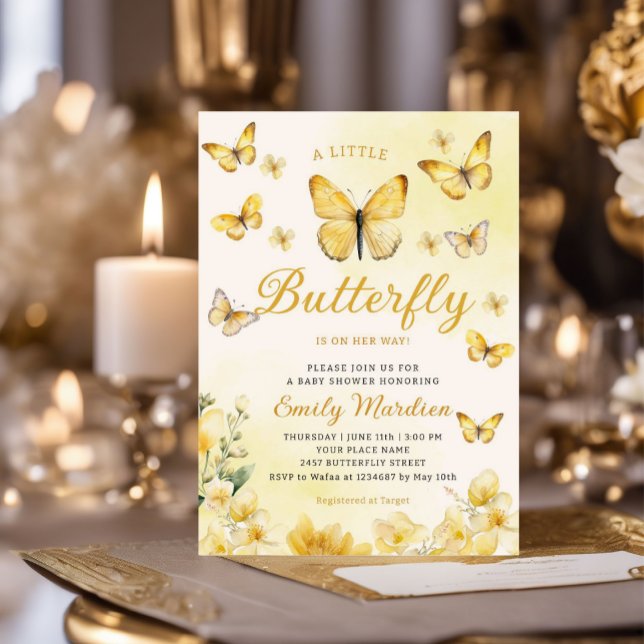 Modern gult Blommigt Butterfly Girl Baby Shower Inbjudningar (Skapare uppladdad)