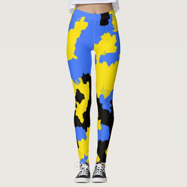 Modern Gult Blue Black Mönster Design Abstrakt Leggings (Framsida)