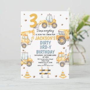 Modern Gult Construction Dirty 3 rdy Birthday Inbjudningar
