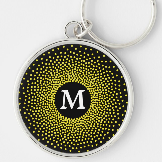 Modern Gult Dot Mönster med MONOGRAM-nyckelkedja Rund Silverfärgad Nyckelring (Framsidan)