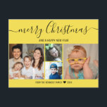 Modern Gult Family Photo Collage jul Helg Vykort<br><div class="desc">Ett modernt vykort för fotboll som anpassar sig efter fyra familjers bilder,  namn och semesterhälsningar i anpassningsbar.</div>