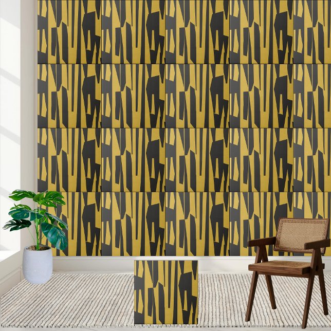 Modern Gult för Abstrakt och svart geometri Kakelplatta (Modern Abstract Yellow and Black Geometric Ceramic Tile)