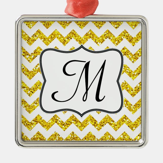Modern Gult Glitter Monogram Initial Ornamal Ornam Julgransprydnad Metall (Framsidan)