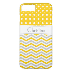 Modern gult, grått, vit chevron och polka punkt