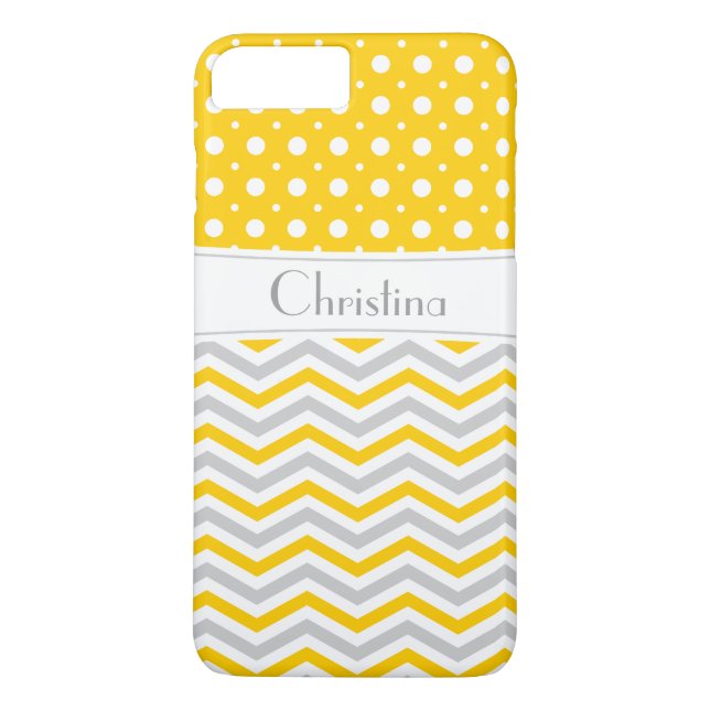 Modern gult, grått, vit chevron och polka punkt Case-Mate iPhone skal (Baksida)