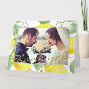 Modern Gult Lemons & Grönt Foliage Bröllop Photo Tack Kort