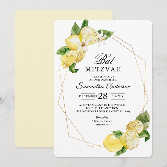 Modern Gult Lemons & Guld Ram Beauty Inbjudningar (Fram/baksida)