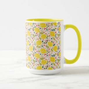 Modern Gult Lemons med Rosa Blommigt Mugg