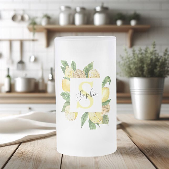 Modern Gult Lemons Ram & Löv med Namn Frostat Ölglas (Skapare uppladdad)