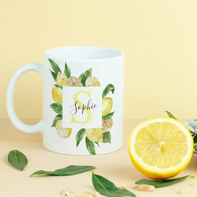 Modern Gult Lemons Ram & Löv med Namn Kaffemugg (Skapare uppladdad)