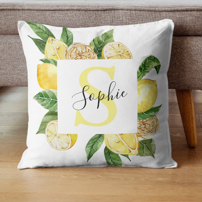 Modern Gult Lemons Ram & Löv med Namn Kudde (Skapare uppladdad)