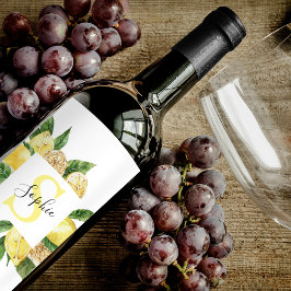 Modern Gult Lemons Ram & Löv med Namn Vinflaska Etikett