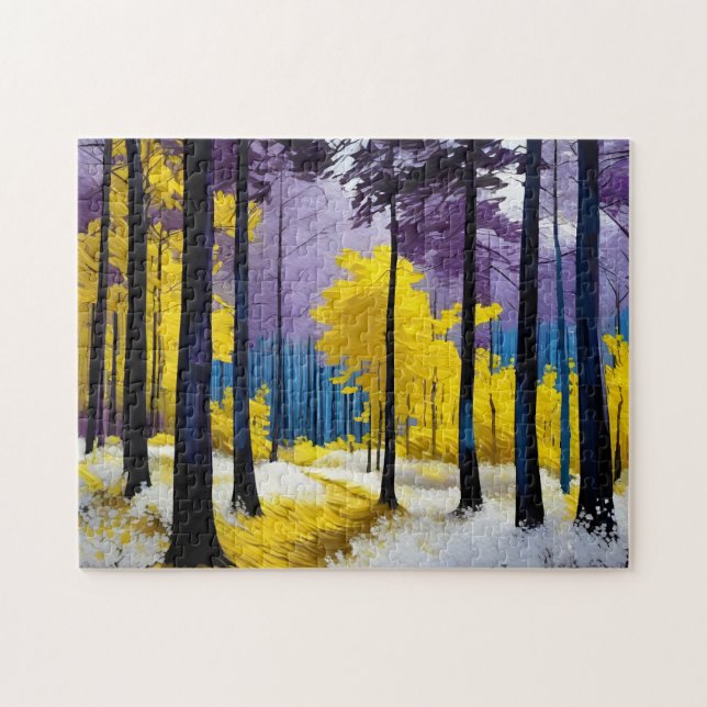 Modern Gult Lila Blue Bright Vibrant Forest Pussel (Horisontell)