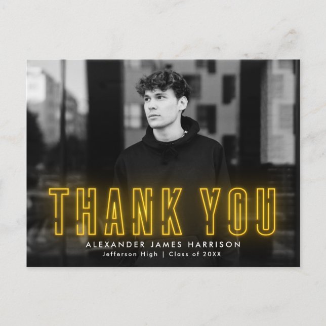 Modern Gult Neon Photo Studenten Tack Vykort (Framsida)