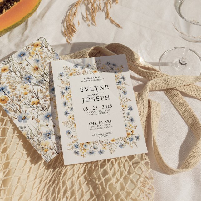 Modern Gult och Blue Boho Chic Blommigt Bröllop Inbjudningar (Skapare uppladdad)