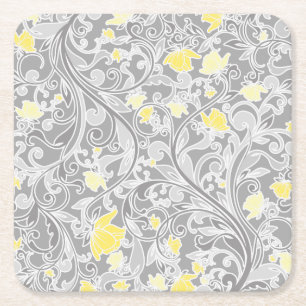 Modern gult och grå Swirly blommigt Underlägg Papper Kvadrat