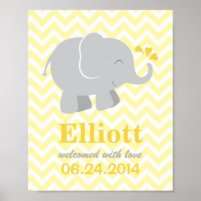 Modern Gult och Grått Elephant Anpassningsbar Mono Poster (Framsidan)