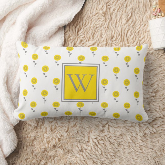 Modern Gult och Grått Flower Monogram Lumbarkudde (Filt)