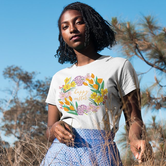 Modern gult och grönt vår blommor glad påsk t shirt (Skapare uppladdad)