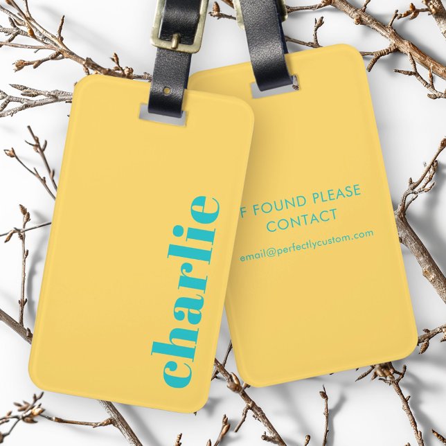 Modern gult och teal bagagebricka (Modern typography yellow and teal luggage tag)