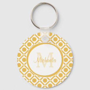 Modern Gult och vit geometrisk monogrammad Namn Nyckelring