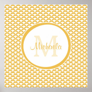 Modern Gult och vita snäckor Monogram och Namn Poster
