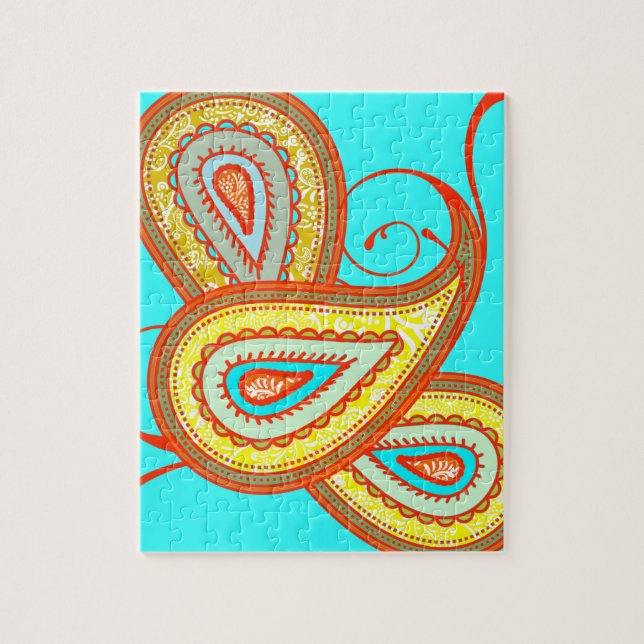 Modern Gult Orange Aqua Mint Paisley-gåvor Pussel (Vertikal)