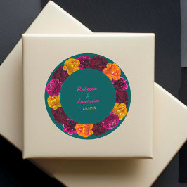 Modern gult rosa grönt blommigt bröllop monogram runt klistermärke