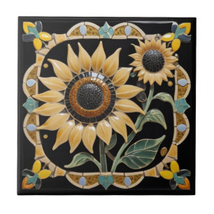 Modern Gult Solblommor på svart Kakelplatta