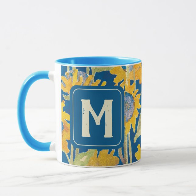 Modern Gult Solros Watercolor Blommigt Monogram Mugg (Vänster)