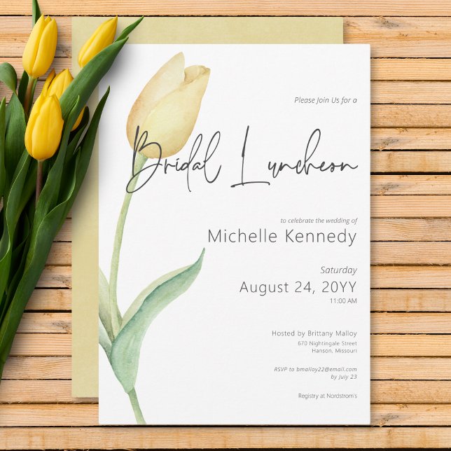 Modern Gult Tulip Solo Möhippa Luncheon Inbjudningar (Modern Yellow Tulip Solo Bridal Luncheon Invitation)