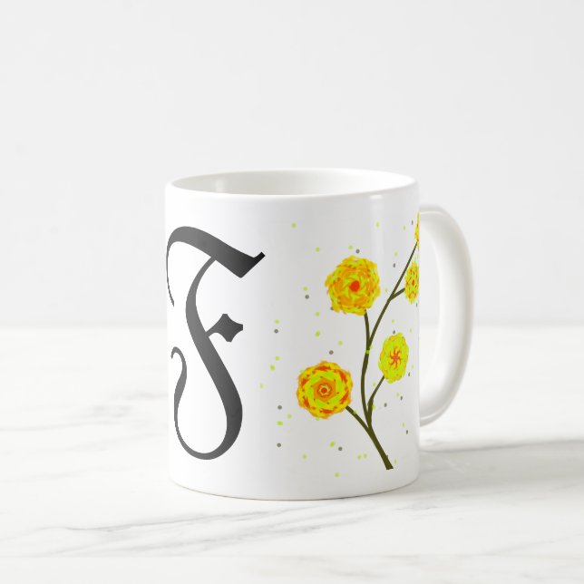 Modern gult vattenfärgsmonogram för blommigt namn kaffemugg (Framsida höger)