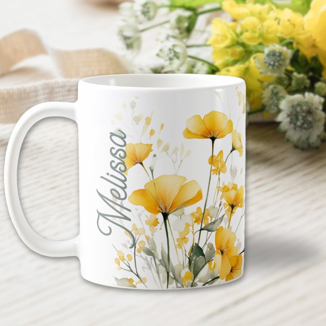 Modern Gult Watercolor Blommigt Elegant Script Kaffemugg (Skapare uppladdad)