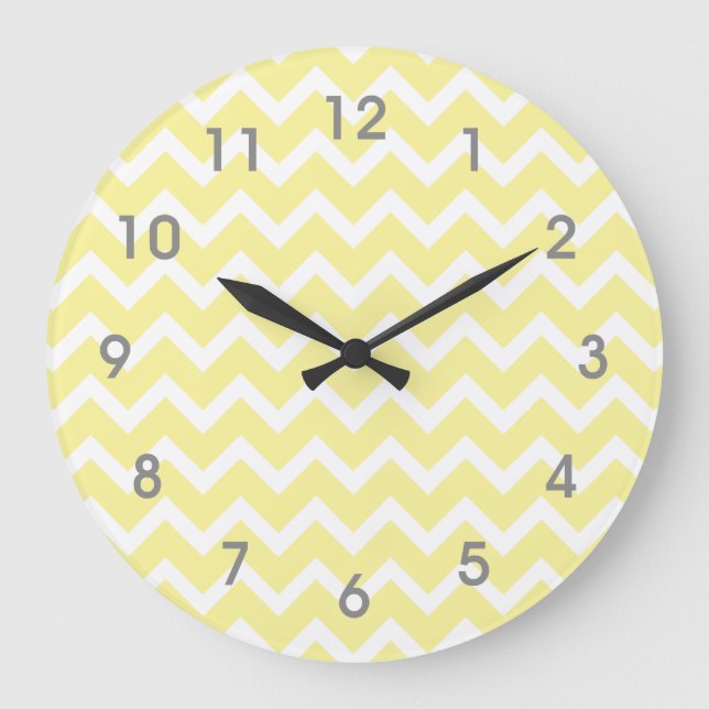 Modern Gult White Chevron Clock - grått-nummer Stor Klocka (Framsida)