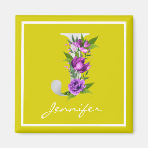 Modern Gult White Metallic Blommigt J Monogram Magnet