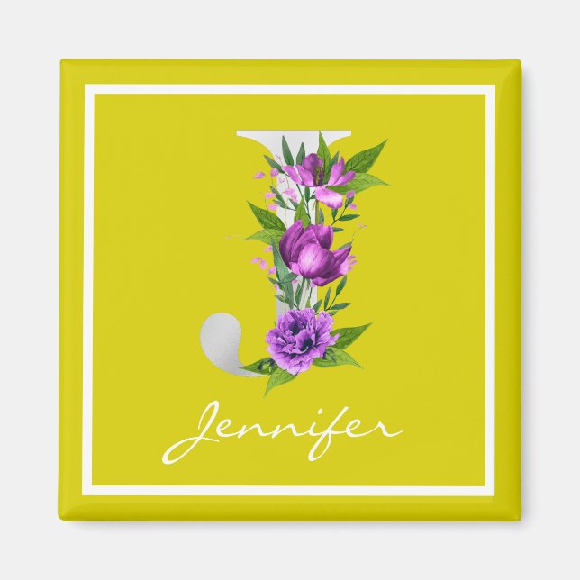 Modern Gult White Metallic Blommigt J Monogram Magnet (Framsidan)