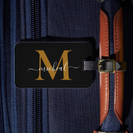 Modern gyllenbrun & svart monogram skriptnamn bagagebricka