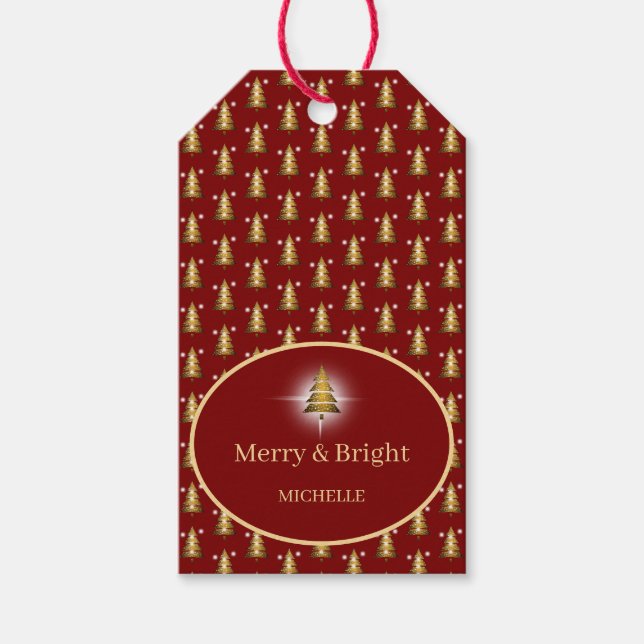Modern gyllene glitter röd julgran  presentetikett (Framsidan)