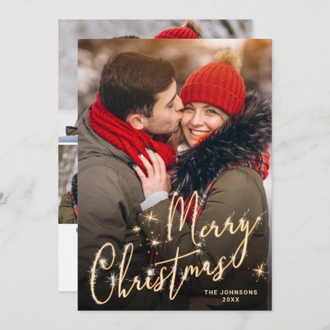 Modern gyllene jul 4 PHOTO Hälsning Helgdag C Julkort (Fram/baksida)