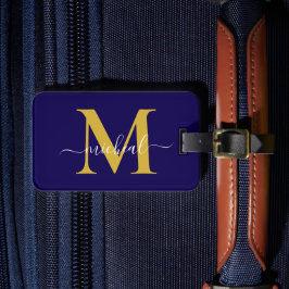Modern gyllene och blå monogram skrivstil namn bagagebricka