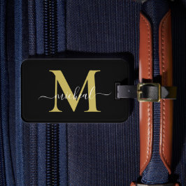 Modern gyllene och svart monogram skriptnamn bagagebricka
