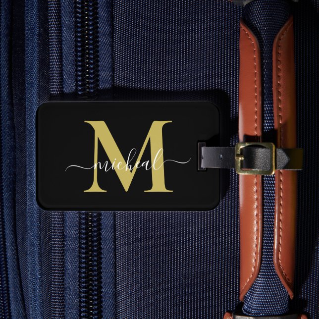 Modern gyllene och svart monogram skriptnamn bagagebricka (Framsida Insitu 4)