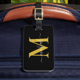 Modern gyllene och svart monogramnamn i typsnitt bagagebricka