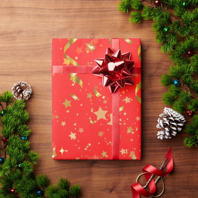 Modern gyllene stjärnröd mönster-festive elegant presentpapper (Julgåva)