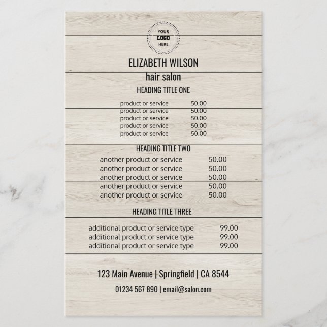 Modern Hair Salon Service Card - Wood Background Flygblad (Framsidan)
